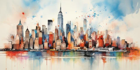 Foto op Plexiglas Abstract New York city panorama view in painting style, Wall art poster with american city © lublubachka