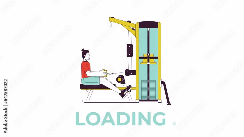 Poster muscle building with seated row machine line 2d loading animation. gym guy stretching cable animated
