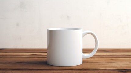 Mockup white coffee ceramic mug on a wooden table.