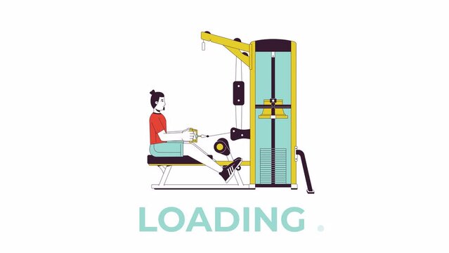 Muscle building with seated row machine line 2D loading animation. Gym guy stretching cable animated cartoon linear character 4K video loader motion graphic. Strengthen exercises download process gif