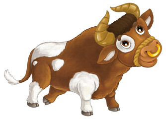 Cartoon scene farm animal bull is standing looking and smiling illustration for children