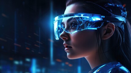 Woman wearing smart glasses futuristic technology, Metaverse concept.