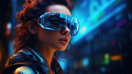 Woman wearing smart glasses futuristic technology, Metaverse concept.