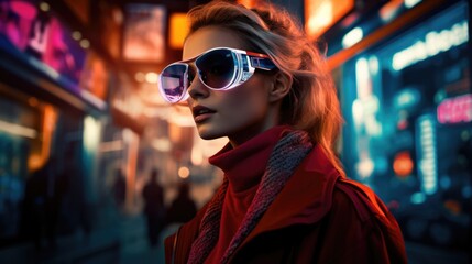 Woman wearing smart glasses futuristic technology, Metaverse concept. - obrazy, fototapety, plakaty