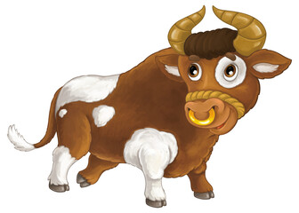 Cartoon scene farm animal bull is standing looking and smiling illustration for children
