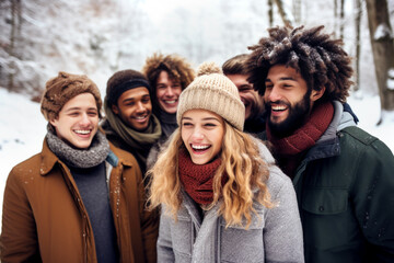 Happy young friends laughing and having fun in winter. Made with AI gereration
