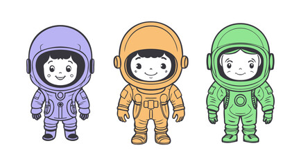 Vector set of colored cartoon cute smiling children astronauts. White isolated background. Kid cosmonauts. Icons or stickers.