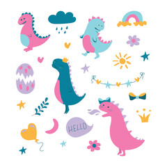 dinosaurs Set of funny. Pink dinosaur. Vector illustration
