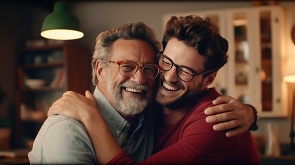 Father hugging adult son have a happy and love feeling together. - obrazy, fototapety, plakaty
