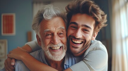 Father hugging adult son have a happy and love feeling together. - obrazy, fototapety, plakaty
