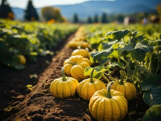 Farm with orange pumpkins ready to harvast.
