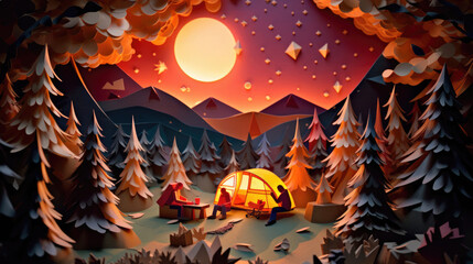 Camping under the stars crackling fire stories shared made in paper cut craft