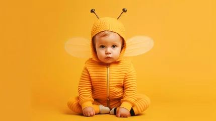Küchenrückwand glas motiv adorable baby wearing a bee costume isolated on yellow background © chand