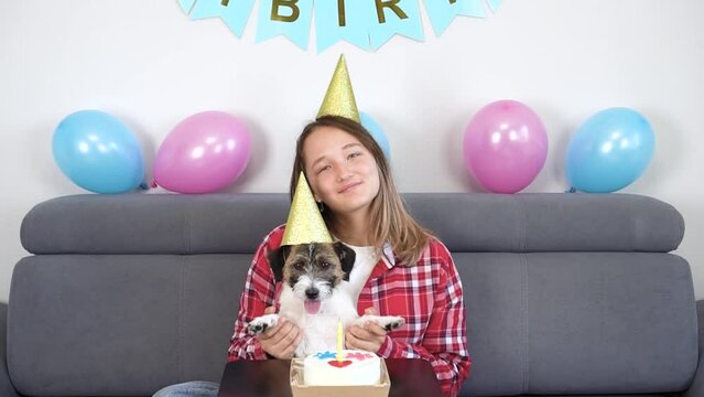 Girl dancing with her pet dog and congratulating on his birthday. Dog's birthday and cake.