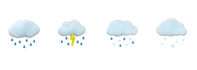 3d illustration. cartoon weather icon including of cloud and raindrops, thunderstrom, snowflakes in plasticine, polymer clay, clay doh, play doh texture sign symbol in white background.