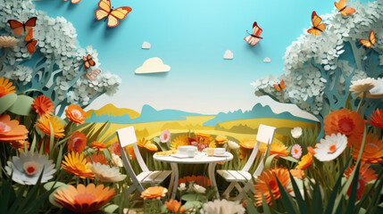 Picnic in blooming meadow butterflies peaceful serenity made in paper cut craft