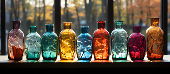 a row of six colored glass bottles sitting on top of a table - Powered by Adobe