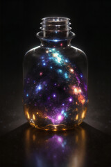 Galaxy in a bottle. Photorealistic concept design of creation of the universe