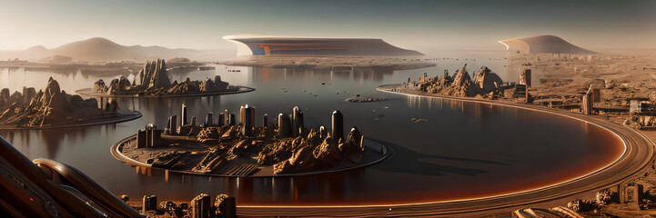 Futuristic scifi city on earth like planet. Extremely detailed an realistic high resolution concept design illustration