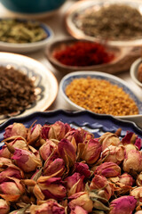 Damask rose and other spices. Top view.