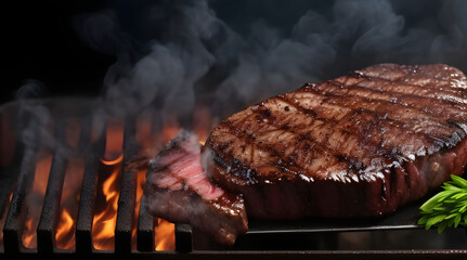 Grill beef steak on black texture background with smoke and fire