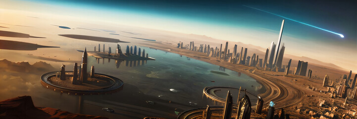 Futuristic scifi city on earth like planet. Extremely detailed an realistic high resolution concept design illustration