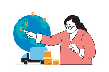 Worldwide delivery concept with people scene in flat web design. Woman managing supply shipping and international logistics business. Vector illustration for social media banner, marketing material.