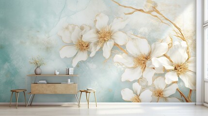bright interior with white, blue, gold flowers, leaves, on a marble, background, texture, wallpaper