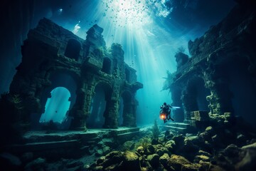 Diving into the depths, an intrepid diver fearlessly explores the mysterious remnants of an ancient sunken city, embarking on a captivating underwater adventure through time and history
