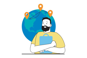 Worldwide delivery concept with people scene in flat web design. Man using international shipping service and tracking locations. Vector illustration for social media banner, marketing material.