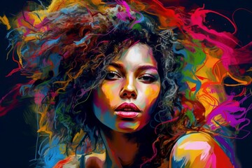 Colorful woman curly portrait. Generate Ai