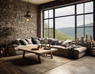 corner sofa set against a window, situated in a room with stone cladding walls