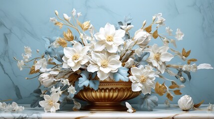 Obraz na płótnie Canvas bright interior with white, blue, gold flowers, leaves, on a marble, background, texture, wallpaper
