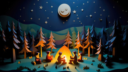Friends around bonfire starry night shared stories made in paper cut craft