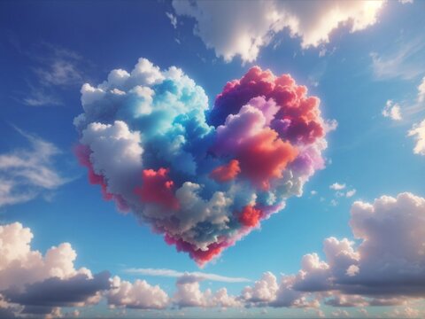 Colorful and fluffy heart shaped clouds on blue bright sky