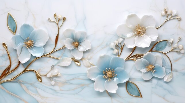 White, blue, gold flowers and leaves on a marble background. texture for card,invitation,wallpaper.