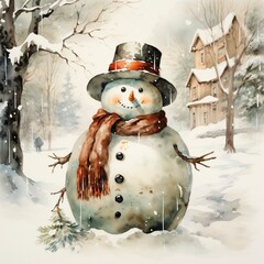 A watercolor illustration captures Frosty the Snowman's charismatic presence, bundled up in a scarf, hat, and carrot nose, as the snowflakes fall in a magical dance.