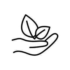hand holds leaves  - black vector icon eco icon protection care  nature organic sign 