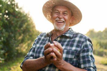Fototapeta premium Portrait of senior farmer holding an apple in hand