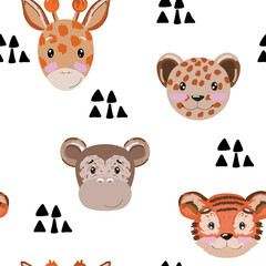 Watercolor cute seamless pattern with animals. Hand drawn illustration for fabric, wrapping paper, etc.