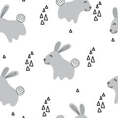 Vector forest wildlife seamless pattern with rabbit. Cute cartoon character.