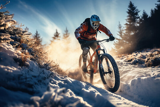 Man riding a bike in the snow, winter races sports, extreme adventure, outdoor activity. AI Generative.
