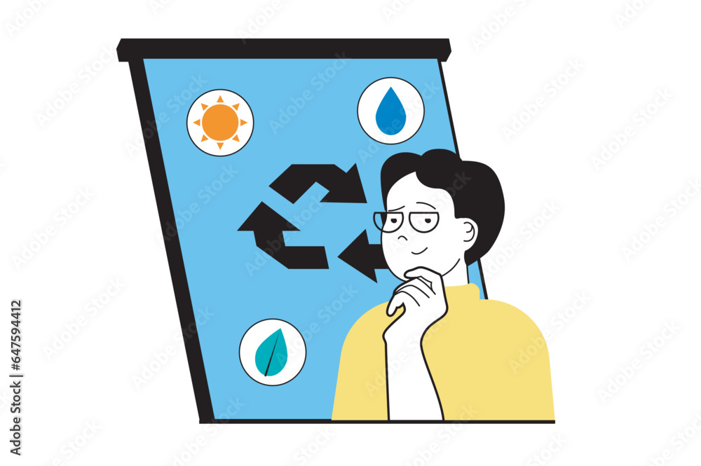Aufkleber Zero waste concept with people scene in flat web design. Man creating system for saving water and natural resources with recycling. Vector illustration for social media banner, marketing material.