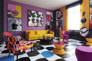 Pop-art style interior of living room in modern house.