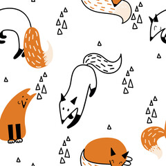 Fototapeta premium Vector seamless pattern with foxes. Cute cartoon characters.