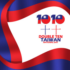 Taiwanese flag with fluttering ribbons and Mandarin meaning number ten, with bold text on white background to commemorate Double Ten day on October 10 in Taiwan
