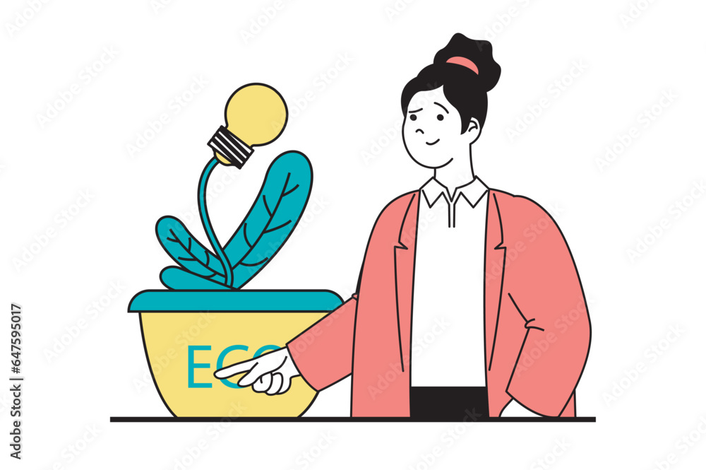 Aufkleber zero waste concept with people scene in flat web design. woman using efficiency eco friendly light b