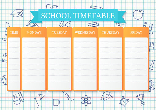 School timetable. Schedule for kids. Weekly time table with lessons. Student plan template on checkered paper with linear school icons. Vector illustration. Educational classes diary on English, A4.