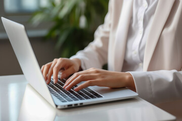 Fototapeta premium business woman typing on a laptop computer. Close-up photo