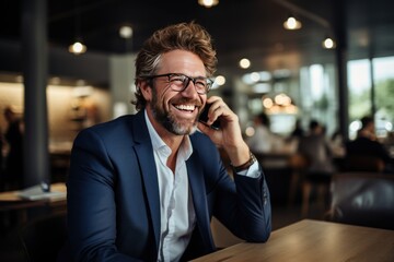 businessman laughing while talking on the phone